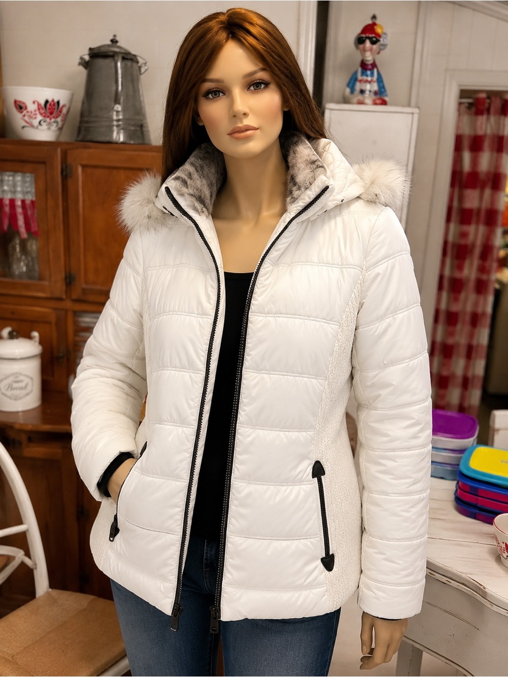 Nautica Women’s White Quilted Puffer Jacket Faux Fur Hood